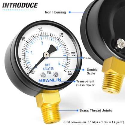 1/4" NPT 0-60Psi 2" Dial Face Well Pump Pressure Gauge, Lower Mount, Suitable for Water, Oil, Air Pressure Testing - size: 0-60Psi, style: 1/4"NPT Lower Mount