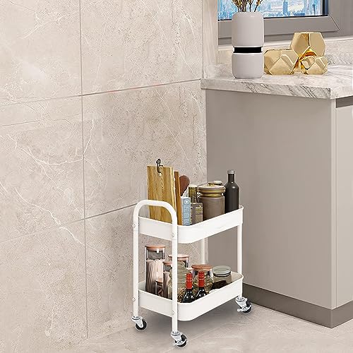 2 Tier All-Metal Rolling Cart, Rolling Storage Cart with Handle and Locking Wheels Kitchen Cart Laundry Office Bathroom Storage Organizer Cart, White - size: 2 Tier White