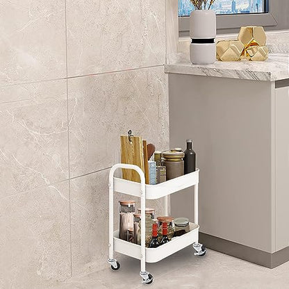 2 Tier All-Metal Rolling Cart, Rolling Storage Cart with Handle and Locking Wheels Kitchen Cart Laundry Office Bathroom Storage Organizer Cart, White - size: 2 Tier White