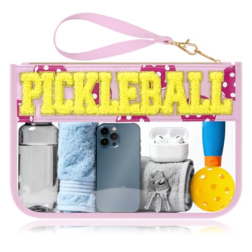 BuyCard Pickleball Gifts Makeup Bag with Chenille Letter Patch, Clear Cosmetic Pouch PVC Organizer Purse, Waterproof Travel Bag, Portable Toiletry Storage Bag for Her Friends - color: Pink-Pickleball