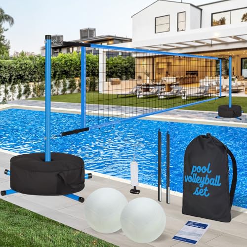 Pool Volleyball Net Set for Inground/Above Ground Pools with Sand-Filled Weighted Base, 15-27ft Adjustable Anti-Sagging Net, 2 Volleyballs & Pump, Carry Bag