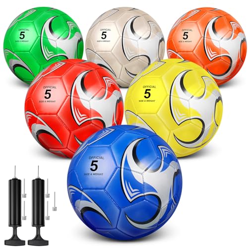 Deekin 6 Pcs Soccer Ball with Pump Size 5/4/3 Official Outside Sport Soccer Deflated Machine Stitched Ball for Indoor Outdoor Sport Training Practice Birthday Gift for Child Adult