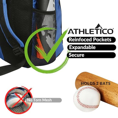 Athletico Youth Baseball Bag - Bat Backpack for Baseball, T-Ball & Softball Equipment & Gear | Holds Bat, Helmet, Glove | Fence Hook - color: Blue
