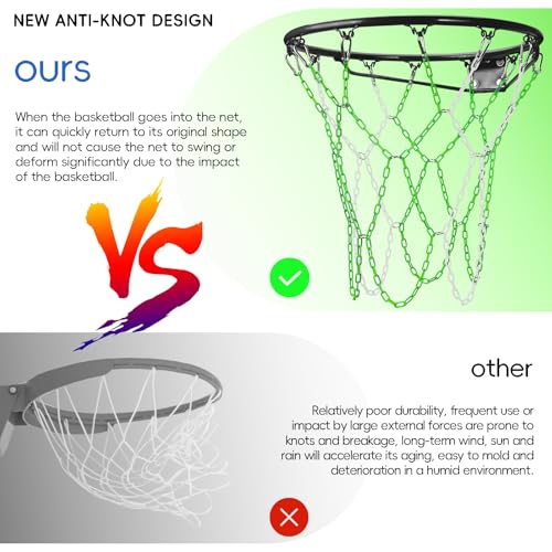 Basketball Net Heavy Duty Replacement,Carbon Steel Chain Basketball net, Anti-Rust Use Indoor Outdoor Standard 12 Loops Hoop - color: Green/White