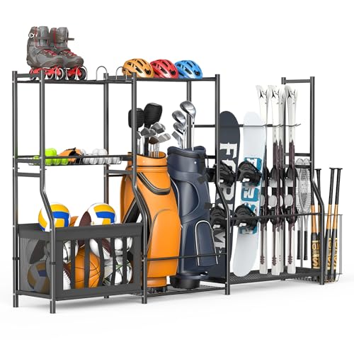 WALMANN Garage Sports Equipment Organizer Stand, Freestanding Ski & Snowboard Storage Rack with Ball Bin and Golf Bag Holder, Multi-Sport Storage for Garage