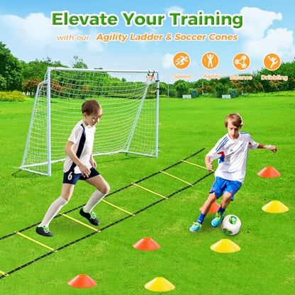 Soccer Goal 12x6,10x6.5, 8x6, 6x4FT Soccer Goals for Backyard Metal Soccer Goals for Kids Youth Adults Large Outdoor 2" Steel Soccer Goal Post Frame with Soccer Net Target Net Portable Agility Ladder - style: 6×4 FT