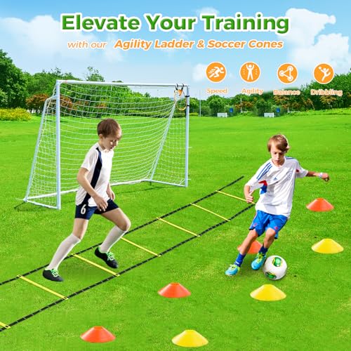 Soccer Goal 12x6,10x6.5, 8x6, 6x4FT Soccer Goals for Backyard Metal Soccer Goals for Kids Youth Adults Large Outdoor 2" Steel Soccer Goal Post Frame with Soccer Net Target Net Portable Agility Ladder - style: 8×6 FT