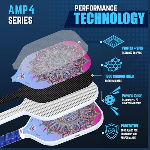 4Joy AMP4 Pickleball Paddle – T700 Carbon Fiber, Lightweight 7.5 oz, Wide Face for Control, 14mm Core, Beginner to Low-Intermediate - USAP Approved - style: DinkforPink
