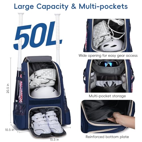KAVIGOR Baseball Bag for Youth | Softball Backpack 50L Large Capacity with Shoe Compartment and 4 Bat Holders | Nova Flare Series