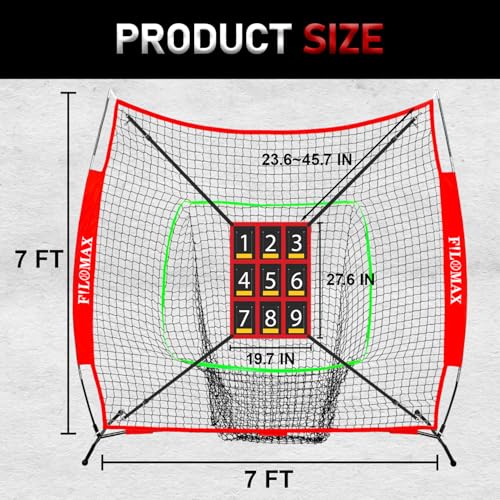 7x7 ft Baseball & Softball Practice Net with 9 Numbered Strike Zone | PRO Training Net for Hitting, Pitching & Batting | with Carry Bag, Bow Frame for All Ages & Skills - color: red