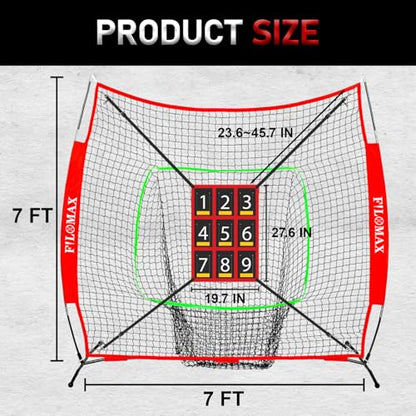 7x7 ft Baseball & Softball Practice Net with 9 Numbered Strike Zone | PRO Training Net for Hitting, Pitching & Batting | with Carry Bag, Bow Frame for All Ages & Skills - color: red