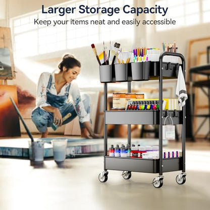 YASONIC 3 Tier Rolling Cart - Metal Utility Cart with Wheels, Hanging Cups, Hooks, Heavy Duty Mesh Rolling Storage Cart Organizer, Craft Cart for Kitchen Office, Lightweight and Sturdy - color: Black