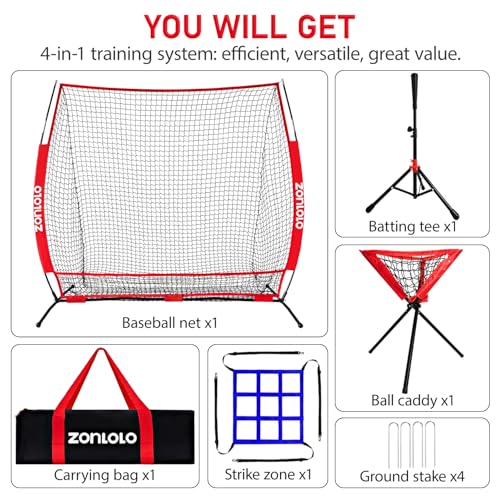 ZONLOLO 6x6ft Portable Baseball & Softball Net for Hitting，Pitching, Batting and Throwing, with Sturdy Bow Frame,Batting Tee, Ball Caddy and Strike Zone, Middel Size, Great for Kids!