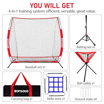 ZONLOLO 6x6ft Portable Baseball & Softball Net for Hitting，Pitching, Batting and Throwing, with Sturdy Bow Frame,Batting Tee, Ball Caddy and Strike Zone, Middel Size, Great for Kids!