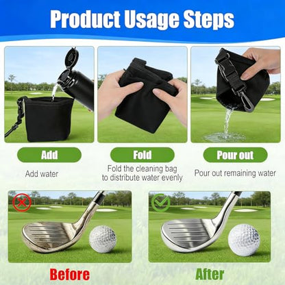 Golf Club and Golf Ball Cleaning Bag - Cleans Club Grooves Cleaner, Golf Bag Accessories,Waterproof Clean Face Tech, Detachable Clip, Machine Washable,Golfer Gifts for Men(Black)