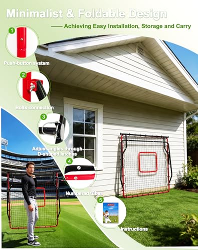 Baseball Rebounder Net Weighted Steel Frame Baseball Net 4 Adjustable Angles Anti-Skid Baseball Bounce Back Net with Flexible Target Webbing & 8 Stakes for Volleyball Softball Lacrosse (48x52inch)