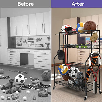 WALMANN Garage Ball and Sports Equipment Organizer, Ball Storage Rack Indoor/Outdoor Kids Balls/Toys Storage Stand, Rolling Ball Cart