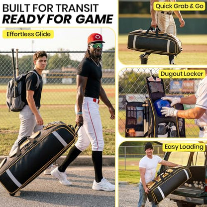 100L Rolling Catchers Gear Bag - Waterproof Baseball & Softball Duffle with 5 Fence Hooks, Locker-Style Organizer, Holds 8 Bats, Vented Shoe Zone - Icon Shield Edition