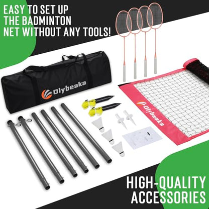Outdoor Baminton Net Set for Backyard, Beach, Family Games with 20 * 3ft Anti-sag Net, 4 Aluminum Badminton Rackets, 3 Shuttlecocks, Carring Bag - Easy Set Up & Portable - color: Pink