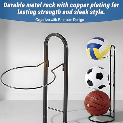 Tiita Basketball Ball Storage Rack, 3-Tier Garage Sport Equipment Organizer, Freestanding Ball Storage Holder Removable Vertical Display Stand for Volleyball, Soccer, Football & Basketball