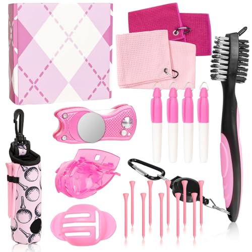 Golf Accessories Kit Golf Club Cleaning Kit Club Groove Cleaner Brush Divot Repair Tool Golf Towel with Clip Ball Bag with Hook Ball Alignment Kit Marking Pen Golf Gift Set Women - color: Pink