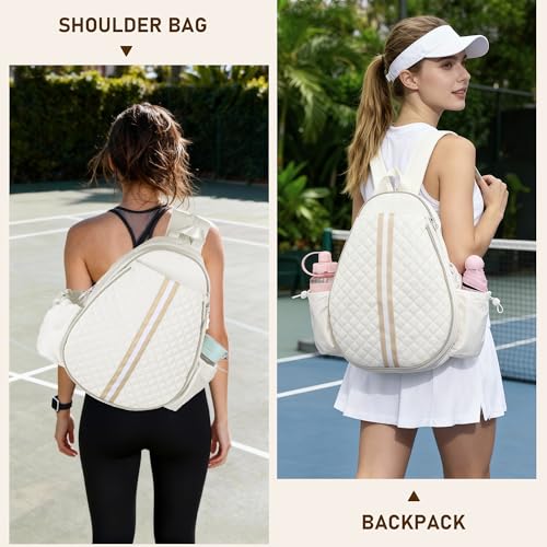 Tennis Bags for Women - Ideal Mothers Day Gifts, Quilted Tennis Sling Crossbody Backpack with Fence Hook, Water Resistant Tennis Racket Bag for Pickleball, Badminton, Beige