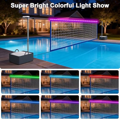 Pool Volleyball Net Set with LED Lights, Larger Solar Panel - High Brightness Volleyball Net for Inground Pools, Adjustable 15-32ft Length Outdoor Water Volleyball Games Toy for Backyard Party