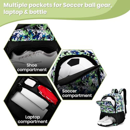 Hsmihair Youth Soccer Bag-Soccer Backpack&Backpack for Football Basketball,with Ball Compartment Separate Cleat Package - color: GreenCamo