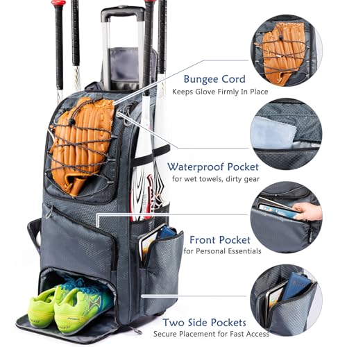 Large Rolling Baseball Catchers Gear Bag with Wheels, Softball Bag with Hard Backing for 4 Bats,Equipment Bag with Separate Shoe & Helmet Compartments, Youth Baseball Bag with 360° Spinner Wheels - color: Grey - Style A - Integrated Rolling System, size: