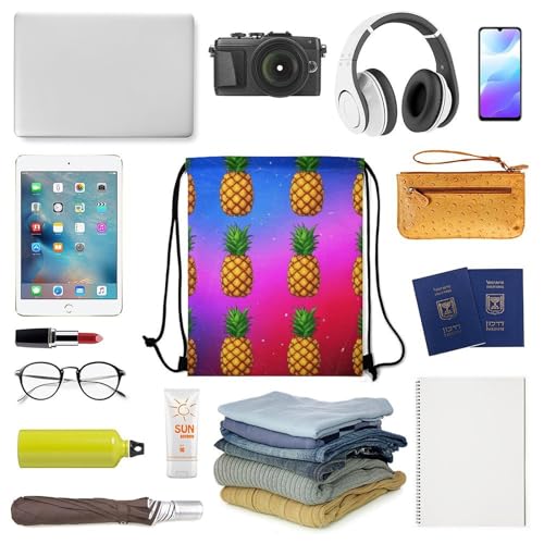 Gym Drawstring Bag Sports Sackpack Waterproof String Backpack with Shoe Compartment for Hiking Swimming Training, Trippy Upside Down Pineapple Bags - color: Picture (1012)