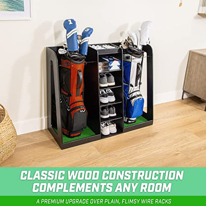 GoSports Premium Wooden Golf Bag Organizer and Storage Rack - Black, White or Brown Finish - Holds 2 Golf Bags