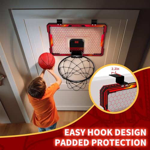 HYES Basketball Hoop Indoor, Mini Basket Ball Hoop with 7 LED Lighting, Scoreboard, Over Door Basketball Hoop with 3 Modes, Volume Adjustable, Foldable, Basketball Toys Gifts for Kids Adults - size: red- without remote controller