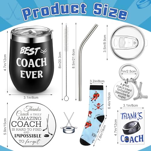 Nitial 6 Pcs Coach Gifts for Men Women Hockey Coaches Appreciation Gift Set Include 12 oz Best Coach Ever Tumble Hockey Whistle Acrylic Decorative Socks Keychain Card Gift