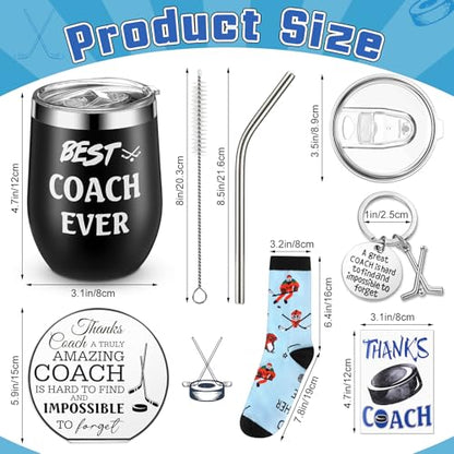 Nitial 6 Pcs Coach Gifts for Men Women Hockey Coaches Appreciation Gift Set Include 12 oz Best Coach Ever Tumble Hockey Whistle Acrylic Decorative Socks Keychain Card Gift