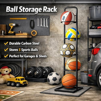 Vertical Ball Storage Rack - Adjustable 5-Tier Sports Organizer Stand for Basketball, Soccer, Volleyball and More（56.7inches） - style: 5-tier without Basket
