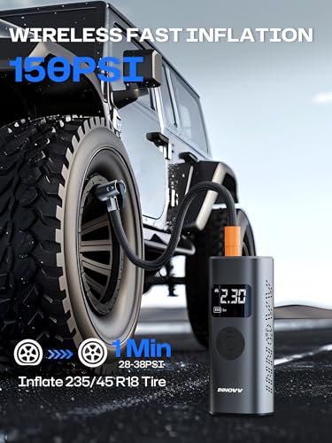 INNOVV P1 Aluminum Portable Tire Inflator, 150PSI, 3X Faster Cordless Air Compressor, Auto-Shutoff Electric Tire Pump with Digital Pressure Gauge & LED Light for Car, Motorcycle, Bike, Balls