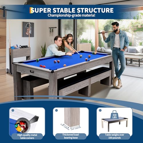 7FT 3-in-1 Pool Table with Dining Top & Table Tennis | Convertible Billiard Table for Home Game Room | Complete Set with Cues, Balls, Ping Pong Paddles, Net & Rolling Storage Caddy | Wood Grain Finish - color: Blue 3 in 1