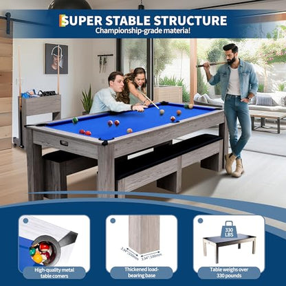 7FT 3-in-1 Pool Table with Dining Top & Table Tennis | Convertible Billiard Table for Home Game Room | Complete Set with Cues, Balls, Ping Pong Paddles, Net & Rolling Storage Caddy | Wood Grain Finish - color: Blue 3 in 1