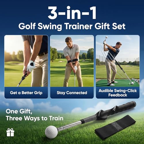 Retractable Golf Swing Trainer, Telescopic Practice Club with Click Feedback, Right-Handed Ergonomic Grip & Arm Band, Grip/Posture Correction, Portable Indoor/Outdoor Tempo & Swing Path Aid