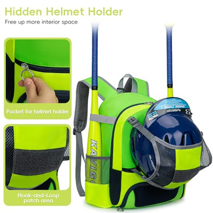 KAVIGOR 2026 Youth Baseball & Softball Bag | Ultra-Light Tball Backpack with Shoe Compartment & Helmet Holder | Skin-Soft Fabric - color: Green