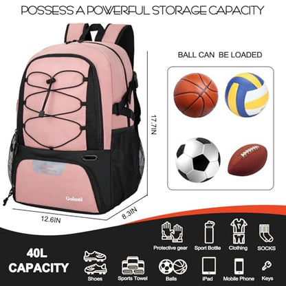 Goloni Basketball Backpack,Large Sports Bag with Ball Compartment & Shoe Compartment,Basketball Bag Fit Volleyball, soccer,Gym - color: Pink