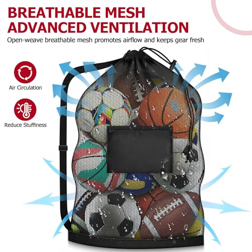 Extra Large Mesh Ball Bag with Pocket, Holds 13 Soccer Balls, 10 Basketballs, Heavy Duty Drawstring Net Bag, Team Coaches Sports Equipment Storage Duffle Sack for Volleyball, Swimming Gear
