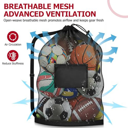 Extra Large Mesh Ball Bag with Pocket, Holds 13 Soccer Balls, 10 Basketballs, Heavy Duty Drawstring Net Bag, Team Coaches Sports Equipment Storage Duffle Sack for Volleyball, Swimming Gear