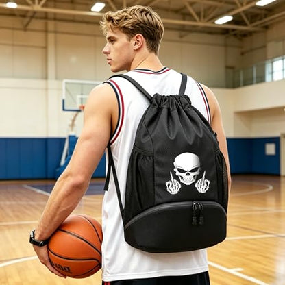 FOECBIR Basketball Drawstring Backpack with Independent Shoe Pocket & Drawstring Bag Wet Dry Separation, Water Resistant Sports Bag with Side Mesh Pockets for Men Women (Skeleton Skull) - color: Skeleton Skull
