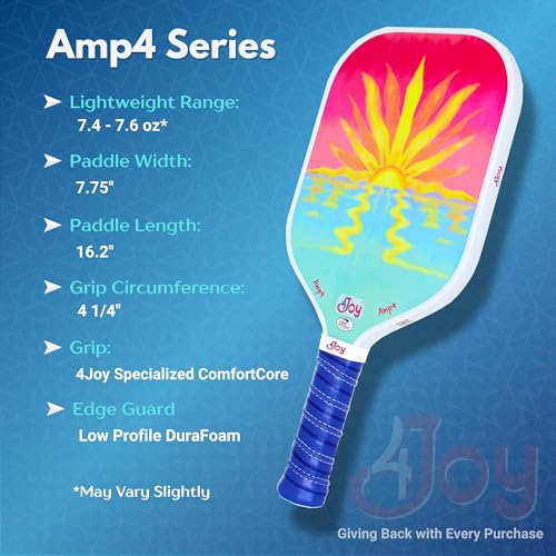 4Joy AMP4 Pickleball Paddle – T700 Carbon Fiber, Lightweight 7.5 oz, Wide Face for Control, 14mm Core, Beginner to Low-Intermediate - USAP Approved - style: Sunset