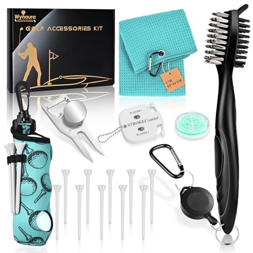 17 Pcs Golf Accessories Kit, Includes Cleaner Brush, Towel, Plastic Tees, Golf Ball Bag with Hook, Ball Marker Divot Tool, Score Counter, Essentials Kit for Women Man Gifts