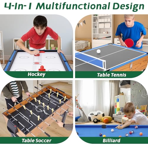 RAYKEEP 54" 4-in-1 Multi Game Table, Combination Game Table Set, Combo Games Table for Home, Game Room w/Soccer, Billiards Tabletop, Table Tennis, Hockey Tabletop
