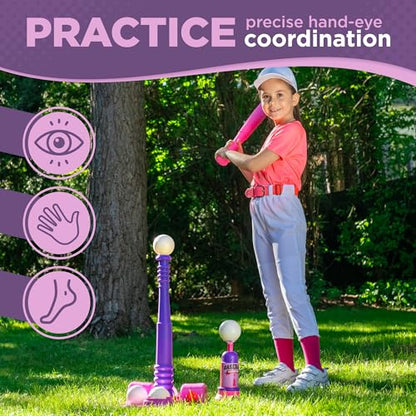T Ball Stand for Kids and Toddlers 1-3, 3-5, 5-8. Baseball Set Includes 6 Large Balls, an Adjustable Tball Batting Tee, and a Pitching Machine. Kids Bat and T-Ball Set - style: PINK T BALL