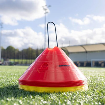 QUICKPLAY Super Cone Speed Markers Set of 16, Heavy Duty Sports Training Cones with Wide Base, 5.5 Inch Height, Portable with Carry Stand, for Soccer Agility Drills