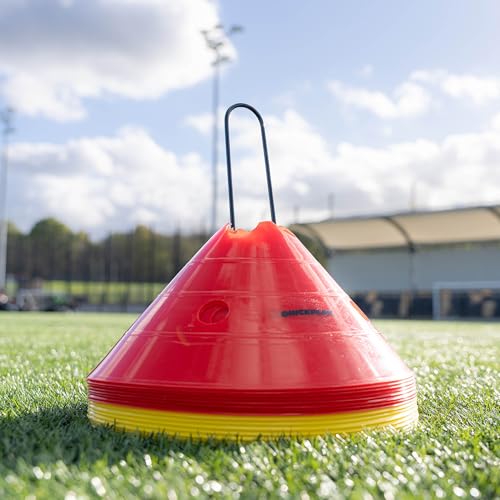 QUICKPLAY Super Cone Speed Markers Set of 16, Heavy Duty Sports Training Cones with Wide Base, 5.5 Inch Height, Portable with Carry Stand, for Soccer Agility Drills
